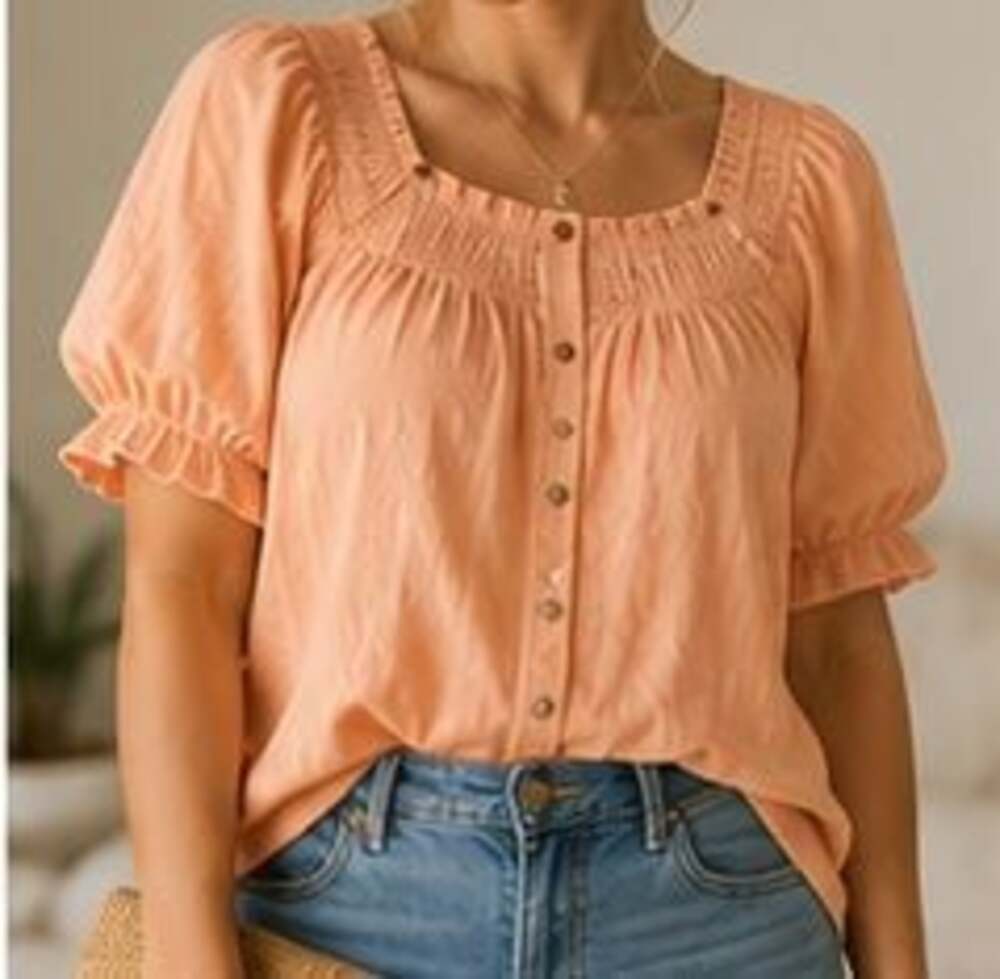 Harvé Benard Coral Off-the-Shoulder Button-Down Short-Sleeve Top